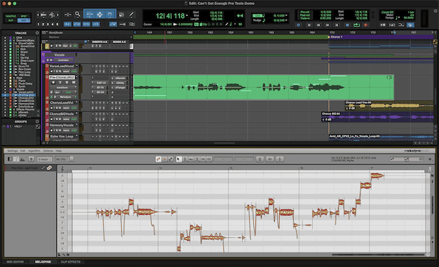 Melodyne window in the Pro Tools session